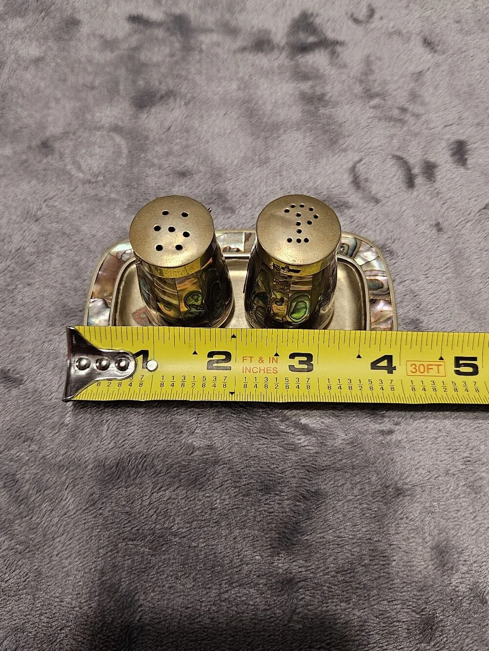 70s Vintage mini Mexican salt and pepper shakers with a matching tray.